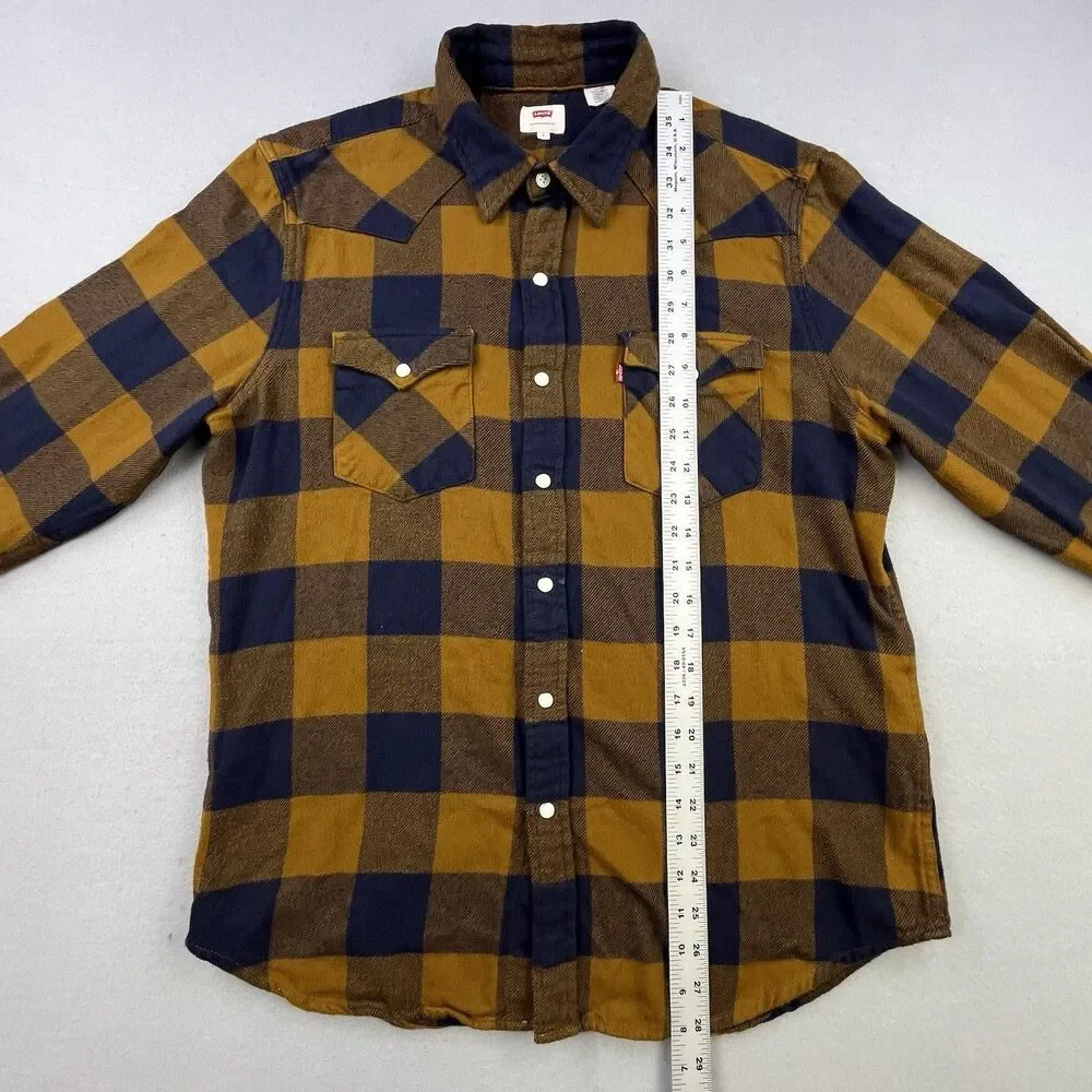 Levis Flannel Shirt Men Large Brown Blue Plaid Western Pearl Snap Rodeo Cowboy